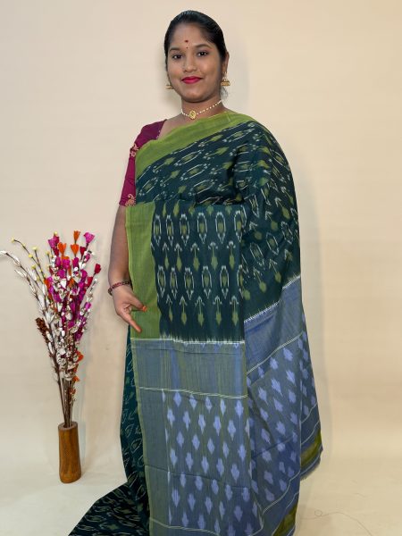 Mercerised Ikkat Cotton Saree In Bottle Green And Dual shaded Green With Allover Ikkat Weaves