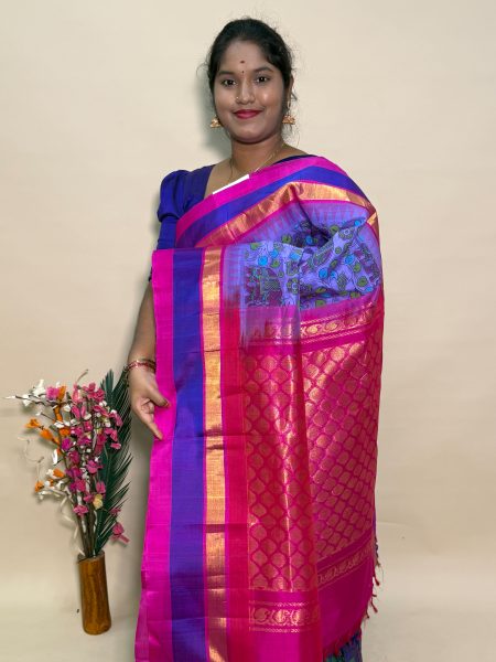 Kuppadam Silk Cotton Kalamkari Prints in Lavender And Pink With Traditional Border