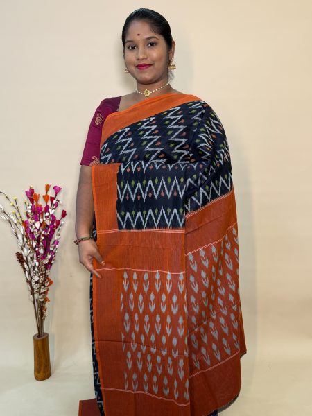 Mercerised Ikkat Cotton Saree In Black And Rust With Allover Ikkat Weaves