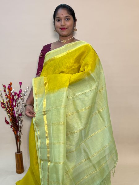 Simple Silk Cotton Saree in Lemon Yellow And Pastel Green With Traditional Border