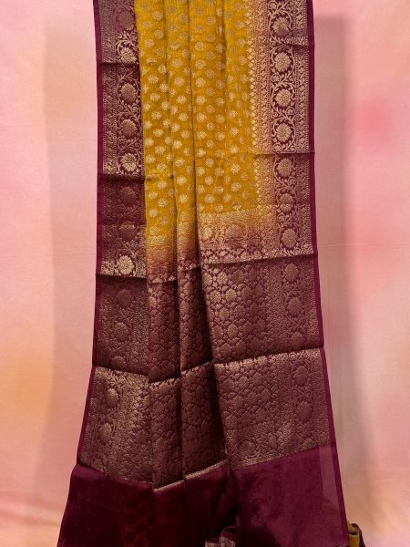 Semi Banarasi Raw Silk Saree In Mustard And Wine With Banarasi Border