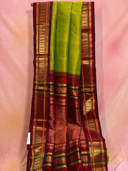 Madisar Korvai Silk Cotton Saree In Sneha Green And Arakku With Traditional Border