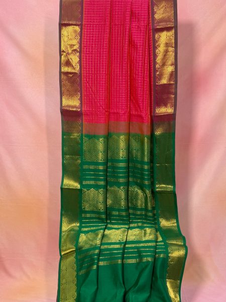 Madisar Semi Silk Cotton Checked Saree In Dual Shaded Pink  And Green With Traditional Border