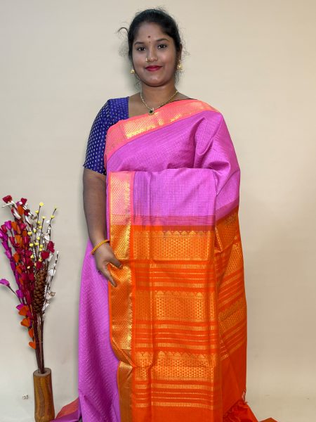 Semi Silk Cotton Kattam In Lilac And Orange With Traditional Border