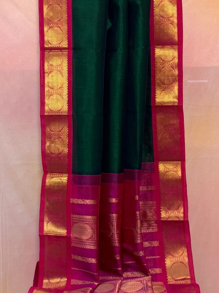 Madisar Korvai Silk Cotton Saree In Green And Pink With Traditional Border