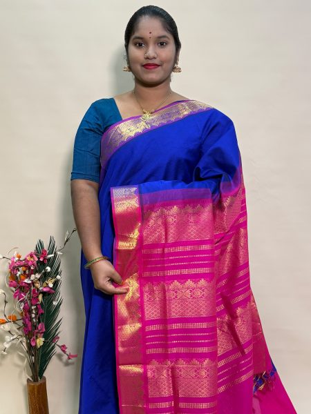 Semi Silk Cotton Plain In Violet And Pink With Traditional Border