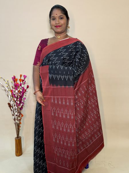 Mercerised Ikkat Cotton Saree In Black And Arakku With Allover Ikkat Weaves