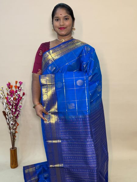 Mayil Chakram Silk Cotton in Anandha Blue and MS Blue With Traditional Border
