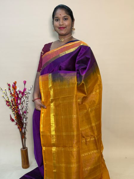 Simple Silk Cotton Saree in Magentha And Mustard With Traditional Border