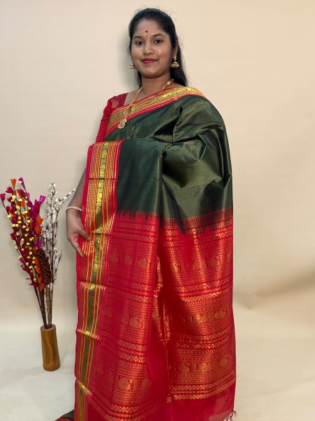 Silk Cotton Korvai in Dark Olive Green And Red With Traditional Border