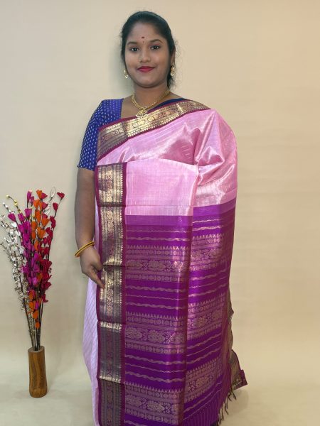 Silk Cotton Korvai Muthu Kattam in Baby Pink And Vadamalli With Traditional Border