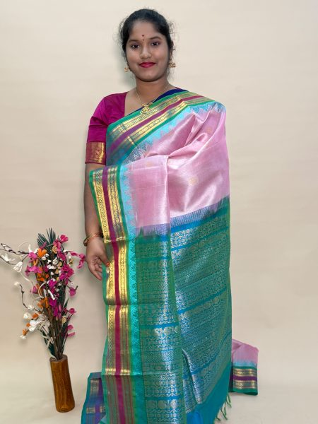 Silk Cotton Korvai Buttas In Light Pastel Pink And Dual Shaded Teal With Traditional Border