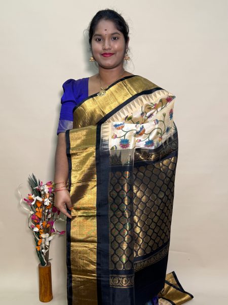 Kuppadam Silk Cotton Kalamkari Prints in Beige And Black With Traditional Border