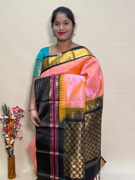 Silk Cotton Kuppadam Checked Buttas in Dual Shaded Peach And Black With Traditional Border