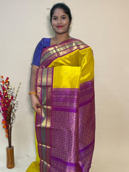 Silk Cotton Korvai Buttas In Lemon Yellow And Vadamalli With Traditional Border
