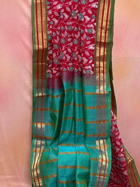 Silk Cotton Kalamkari Prints in Red And Teal With Traditional Border