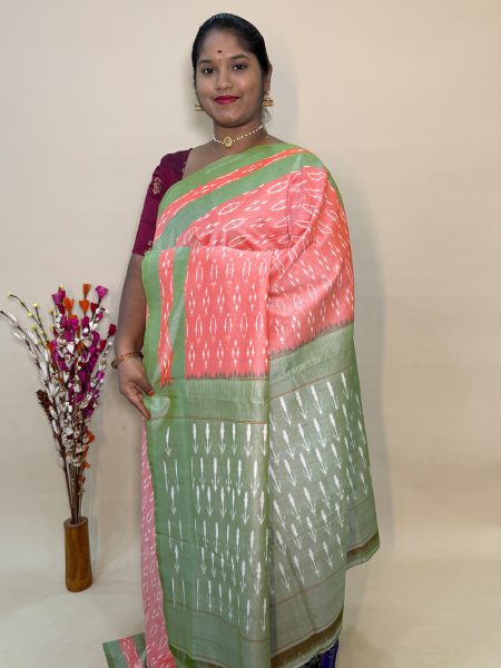 Mercerised Ikkat Cotton Saree In Pastel Orange And Pastel Green With Allover Ikkat Weaves