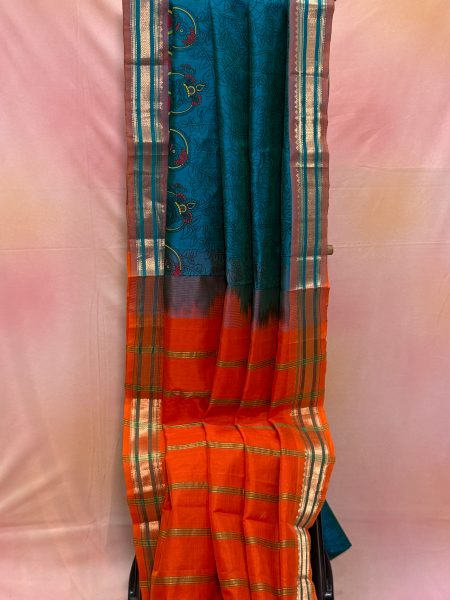 Silk Cotton Kalamkari Prints in Peacock Blue And Orange With Traditional Border