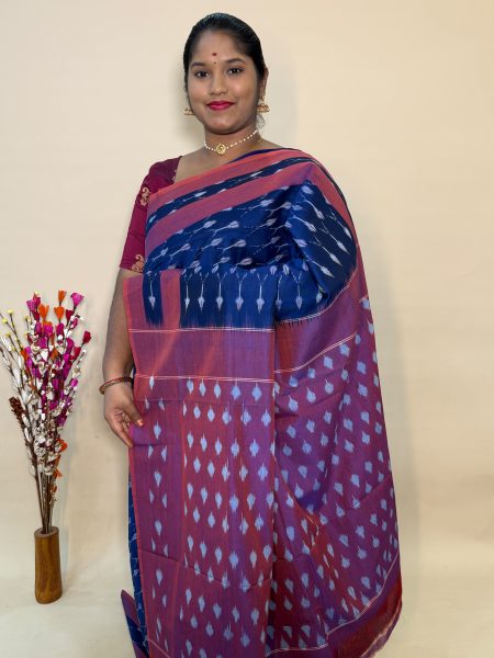 Mercerised Ikkat Cotton Saree In Violet And Dual Shaded Maroon With Allover Ikkat Weaves