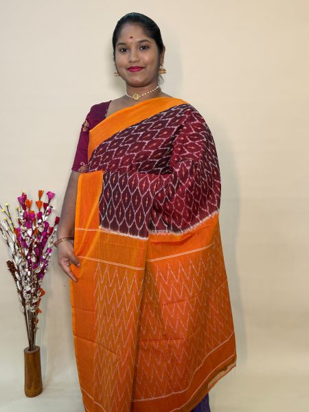 Mercerised Ikkat Cotton Saree In Maroon And Sunset Orange With Allover Ikkat Weaves
