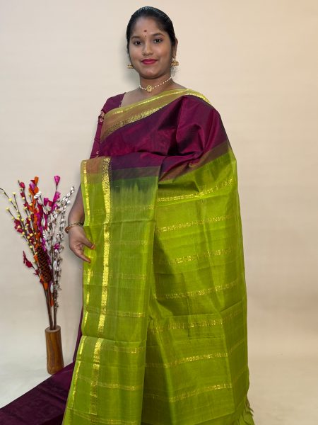 Simple Silk Cotton Saree in Maroon And Olive Green With Traditional Border