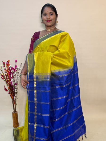 Simple Silk Cotton Saree in Lemon Yellow And Violet With Traditional Border
