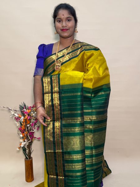 Silk Cotton Korvai Buttas in Lemon Green And Green With Rettapet Border