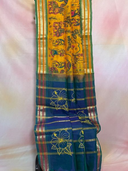 Silk Cotton Kalamkari Prints in Dual Shaded Mustard And Peacock Blue With Traditional Border