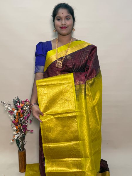 Silk Cotton Bridal Kuppadam in Maroon And Lemon Yellow With Traditional Border
