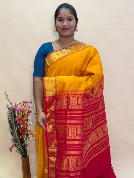 Semi Silk Cotton Buttas In Mustard And Red With Traditional Border