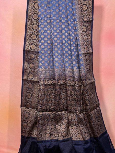 Semi Banarasi Raw Silk Saree In Grey And Navy Blue With Banarasi Border