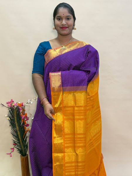 Semi Silk Cotton Kattam In Magentha And Mustard With Traditional Border