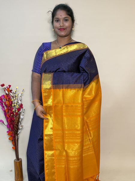 Semi Silk Cotton Kattam In Navy Blue And Mustard With Traditional Border
