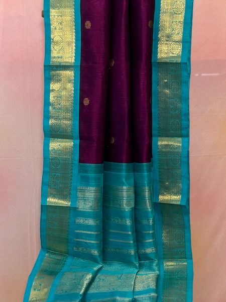 Madisar Korvai Silk Cotton Buttas Saree In Wine And Teal With Traditional Border