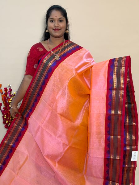 Silk Cotton Korvai in Dual shaded Pink And Red With Traditional Border