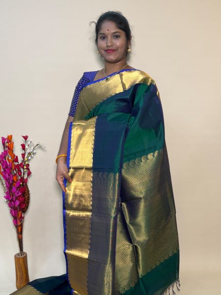Bavanchi Silk Cotton In Peacock Neck Green With Traditional Border