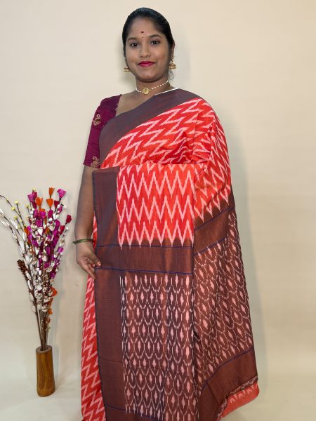 Mercerised Ikkat Cotton Saree In Orange And Brown With Allover Ikkat Weaves
