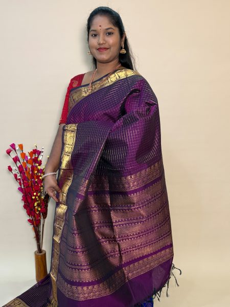 Mangalgiri Silk Cotton Checked Saree In Magentha With Traditional Border