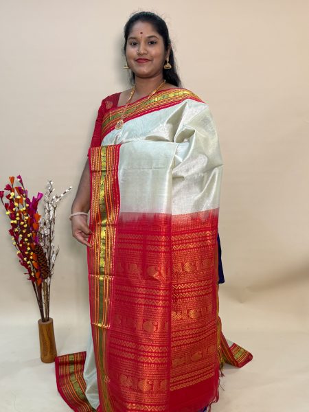 Silk Cotton Korvai in Tussar And Red With Traditional Border