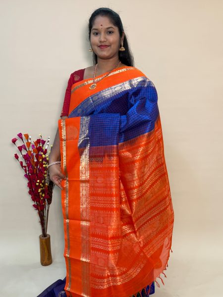 Silk Cotton Korvai Side Buttas In Royal Blue And Orange With Traditional Border