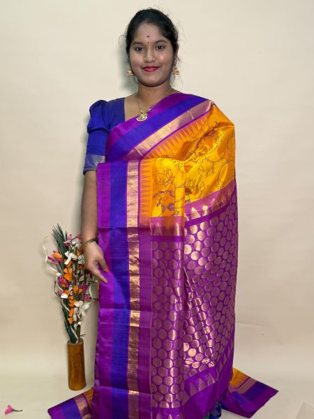 Kuppadam Silk Cotton Kalamkari Prints in Sunset Orange And Magentha With Traditional Border