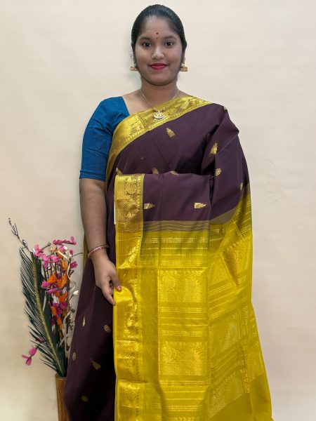 Semi Silk Cotton Buttas In Coffee Brown And Sampanga With Traditional Border