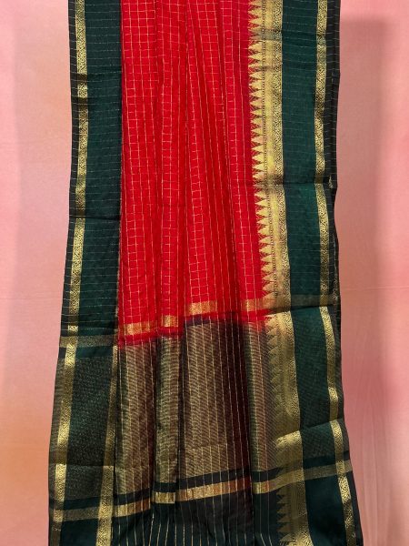 Semi Mysore Silk Checked Saree In Red And Green With Rettapet Border
