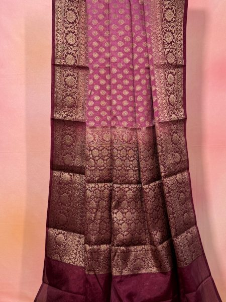 Semi Banarasi Raw Silk Saree In Lotus Pink And Wine With Banarasi Border