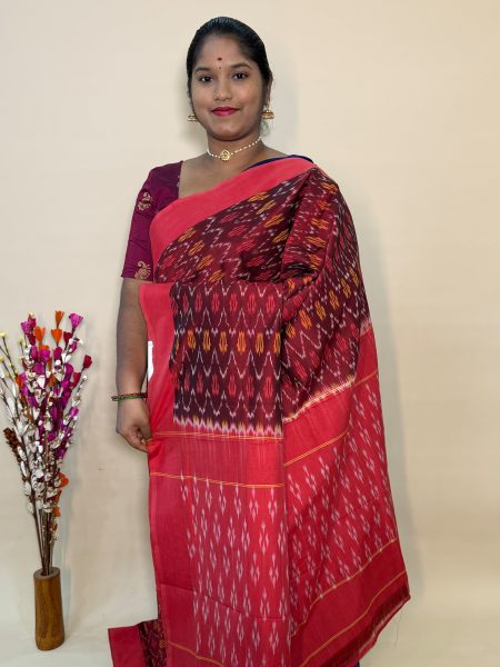 Mercerised Ikkat Cotton Saree In Maroon And Red With Allover Ikkat Weaves