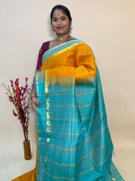 Simple Silk Cotton Saree in Mustard And Teal With Traditional Border