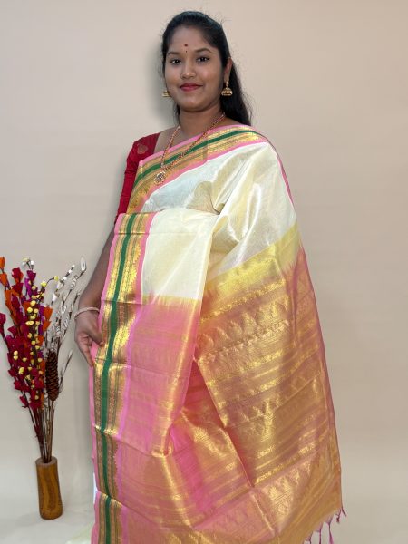 Silk Cotton Korvai in Half White And Peach With Traditional Border