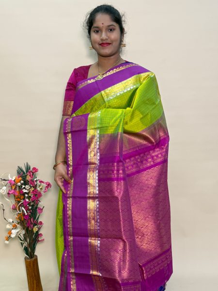 Silk Cotton Korvai Side Buttas In Sneha Green And Vadamalli With Traditional Border