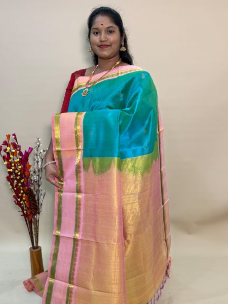 Silk Cotton Korvai Buttas In Dual Shaded Teal And Peach With Traditional Border