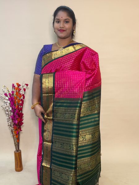 Silk Cotton Korvai Muthu Kattam in Pink And Green With Traditional Border
